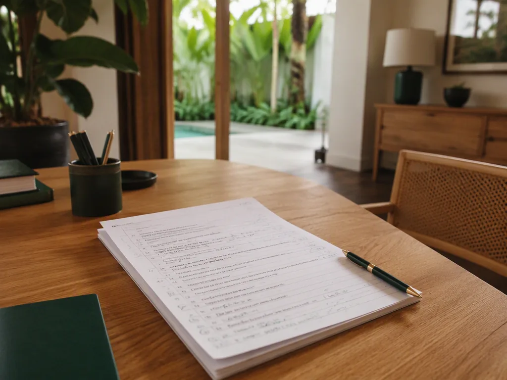 An Indonesian educator preparing teaching materials at an oak table in a bright Bali villa.