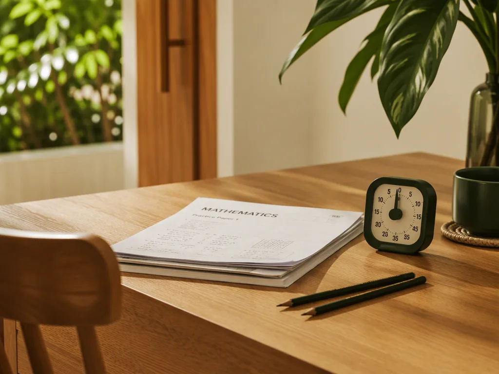 An Indonesian educator preparing teaching materials at an oak table in a bright Bali villa.