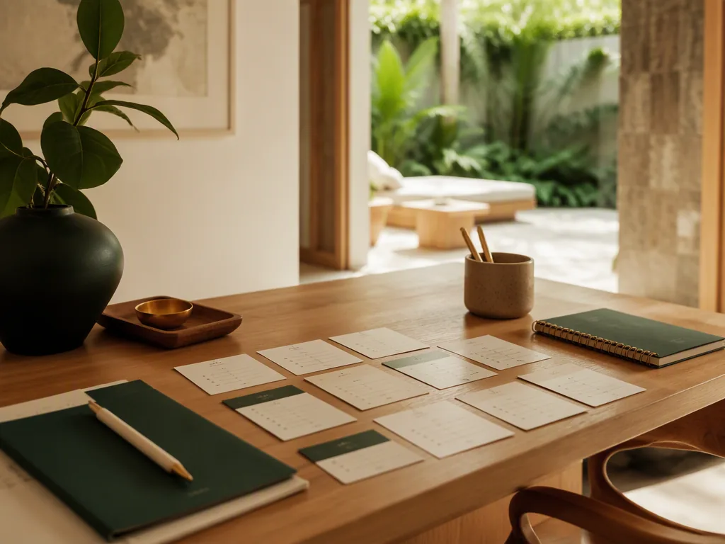 An Indonesian educator preparing teaching materials at an oak table in a bright Bali villa.