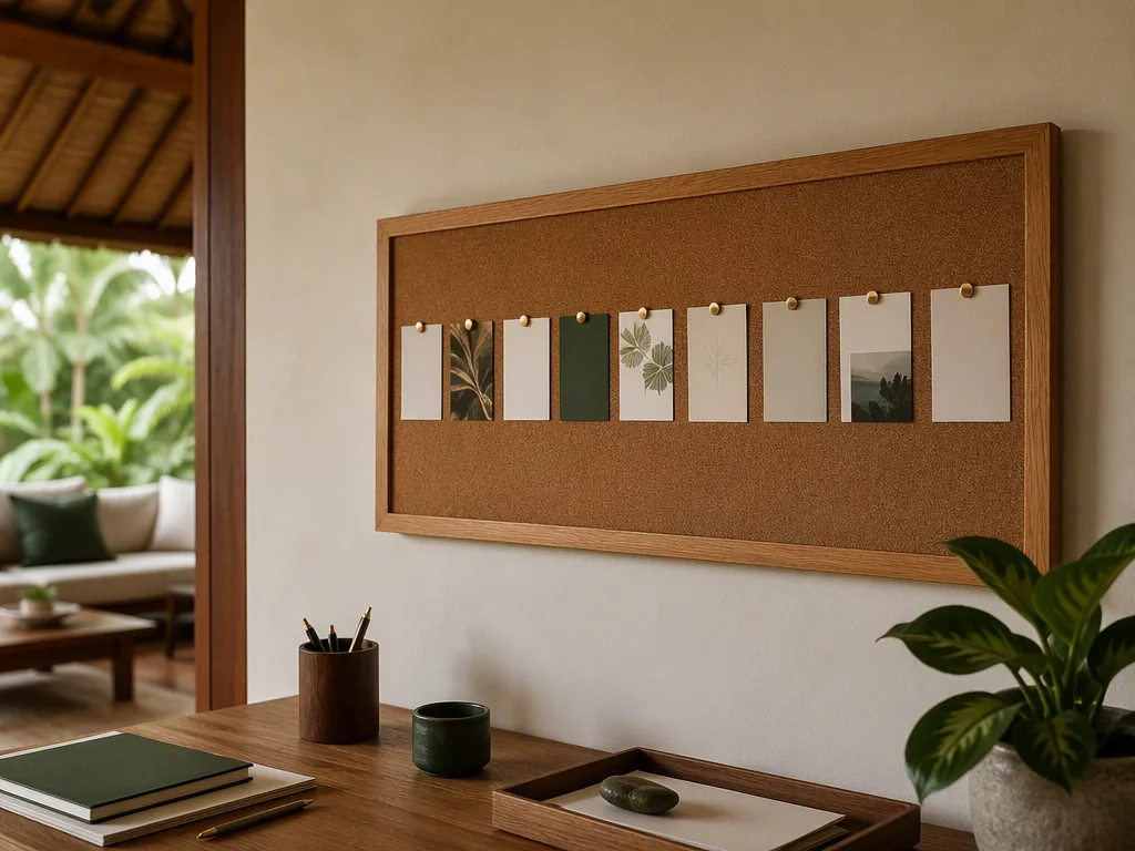 An Indonesian educator preparing teaching materials at an oak table in a bright Bali villa.