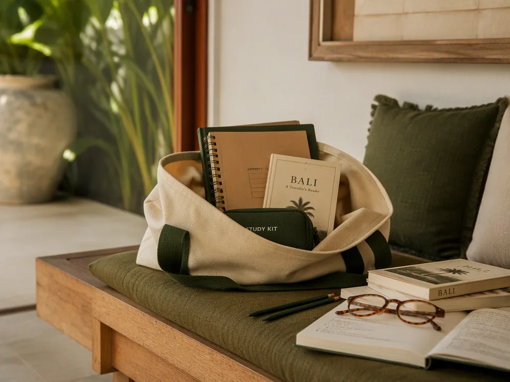 An Indonesian educator preparing teaching materials at an oak table in a bright Bali villa.