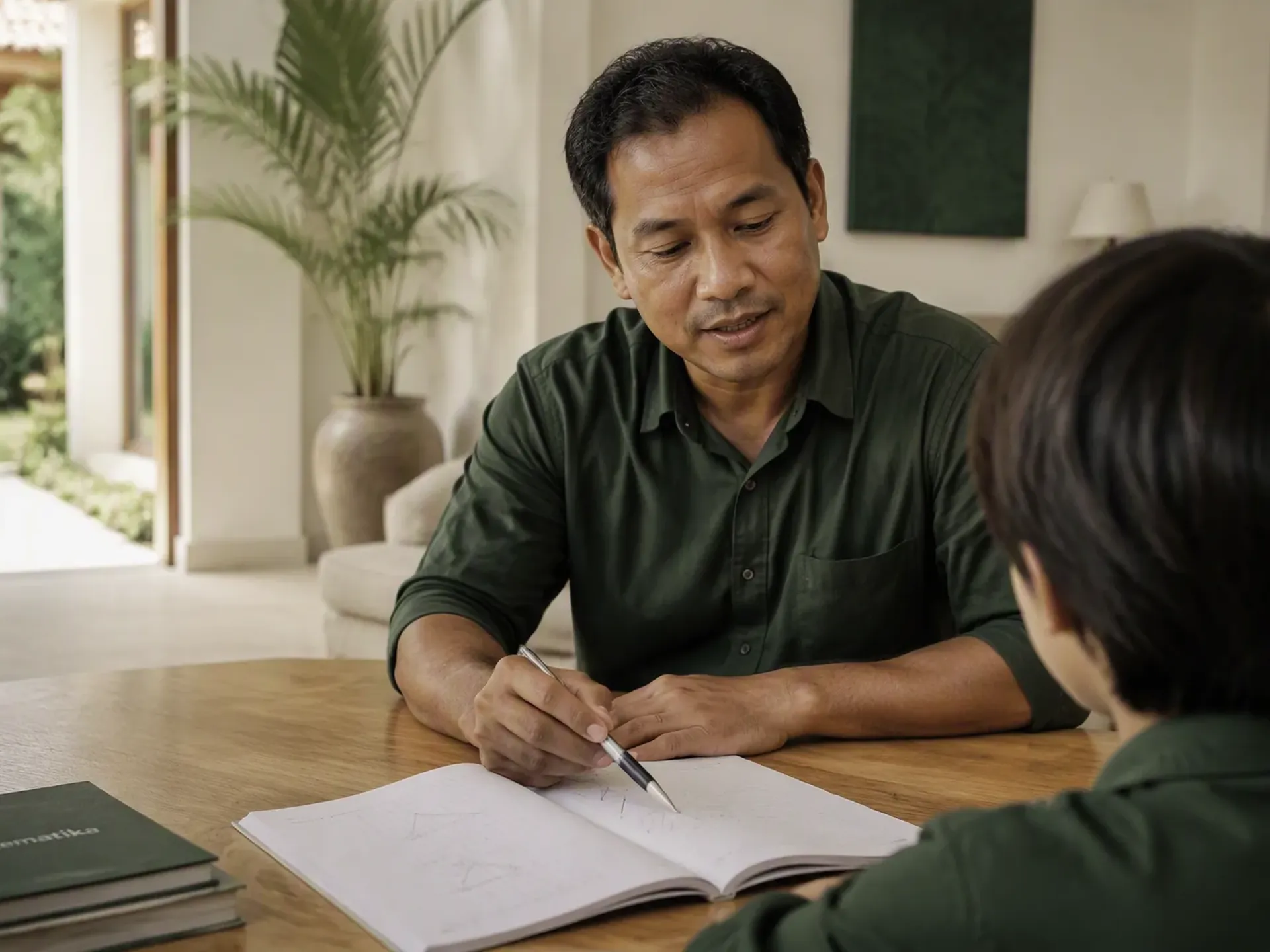 A tutor and student discussing work in an open exercise book at a wooden table.