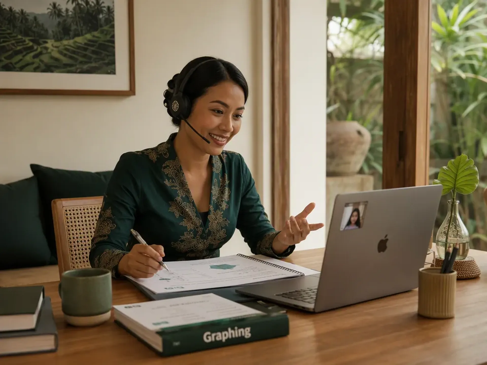 An Indonesian educator preparing a one-to-one lesson at an oak table in a bright Bali villa, with student books and learning materials on the table.