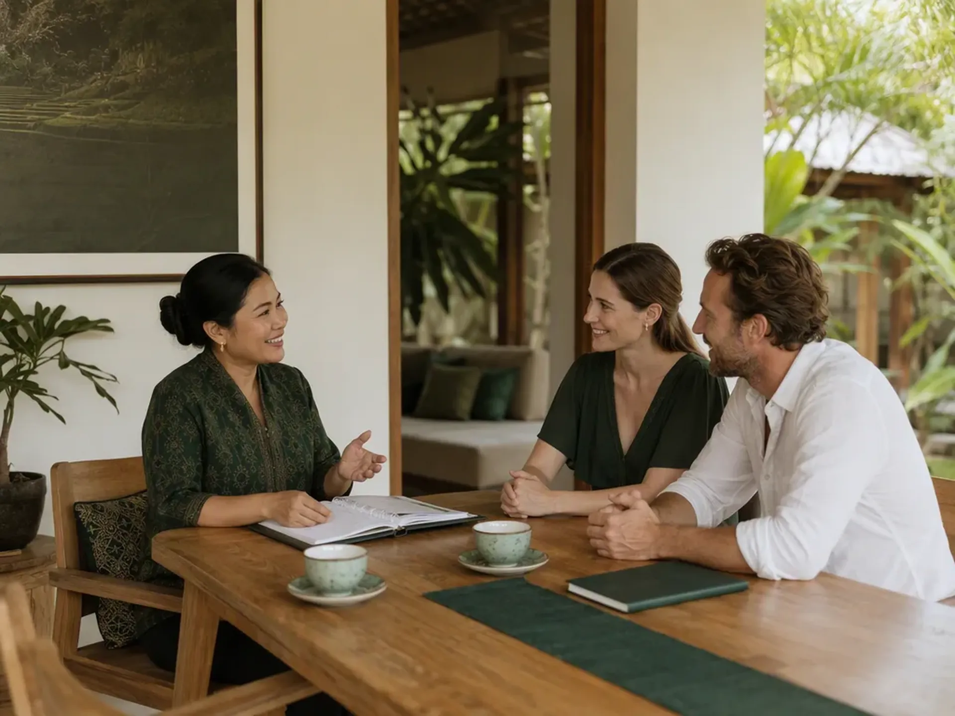 An Indonesian educator meeting parents at a villa table to plan tutoring support.