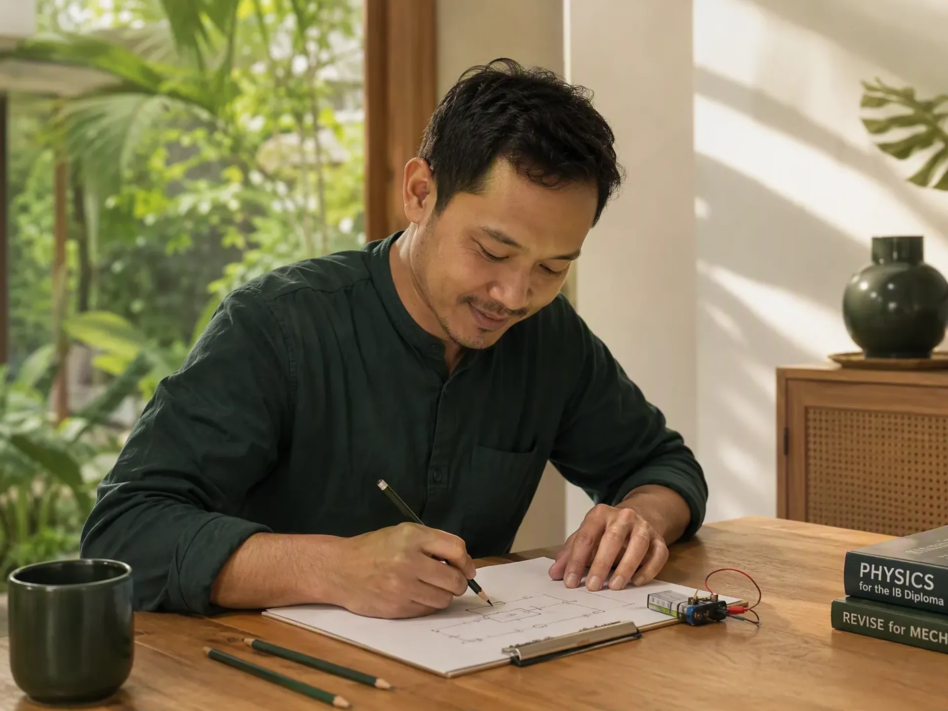 An Indonesian educator preparing a one-to-one lesson at an oak table in a bright Bali villa, with student books and learning materials on the table.