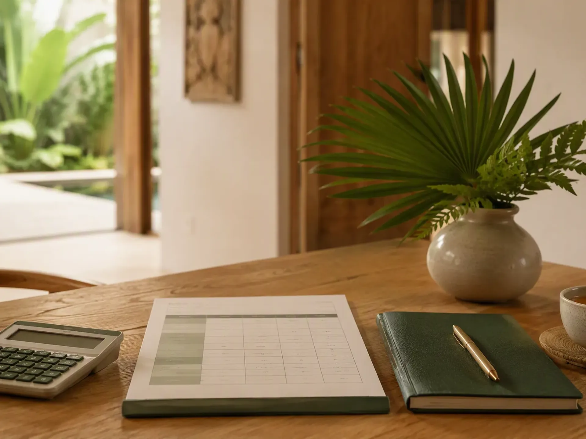 Exercise books, a calculator and a pen arranged on a linen-covered table