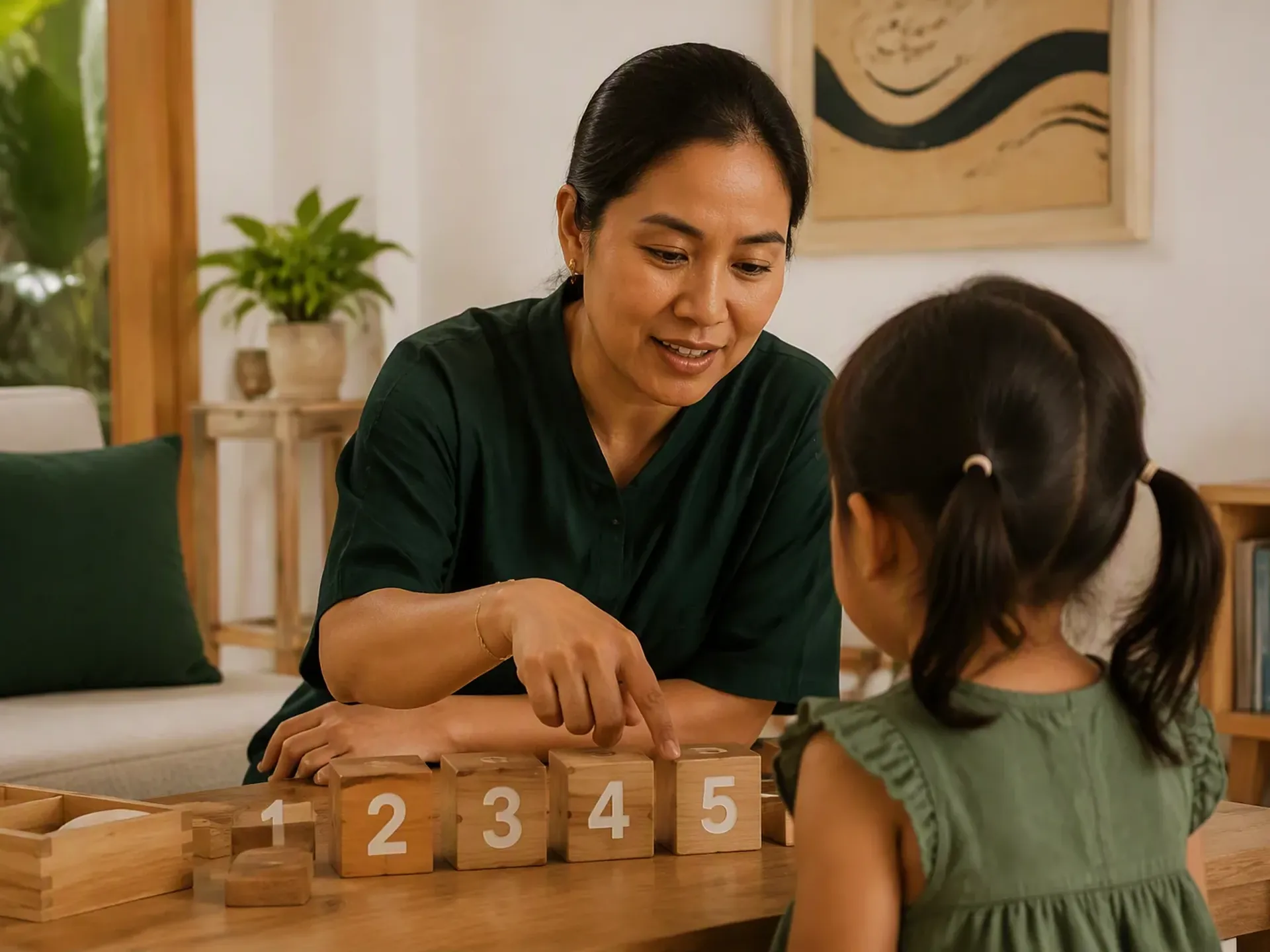 An Indonesian educator playing a counting game with a primary-age child at a low table in a Bali home, the child seen from behind.