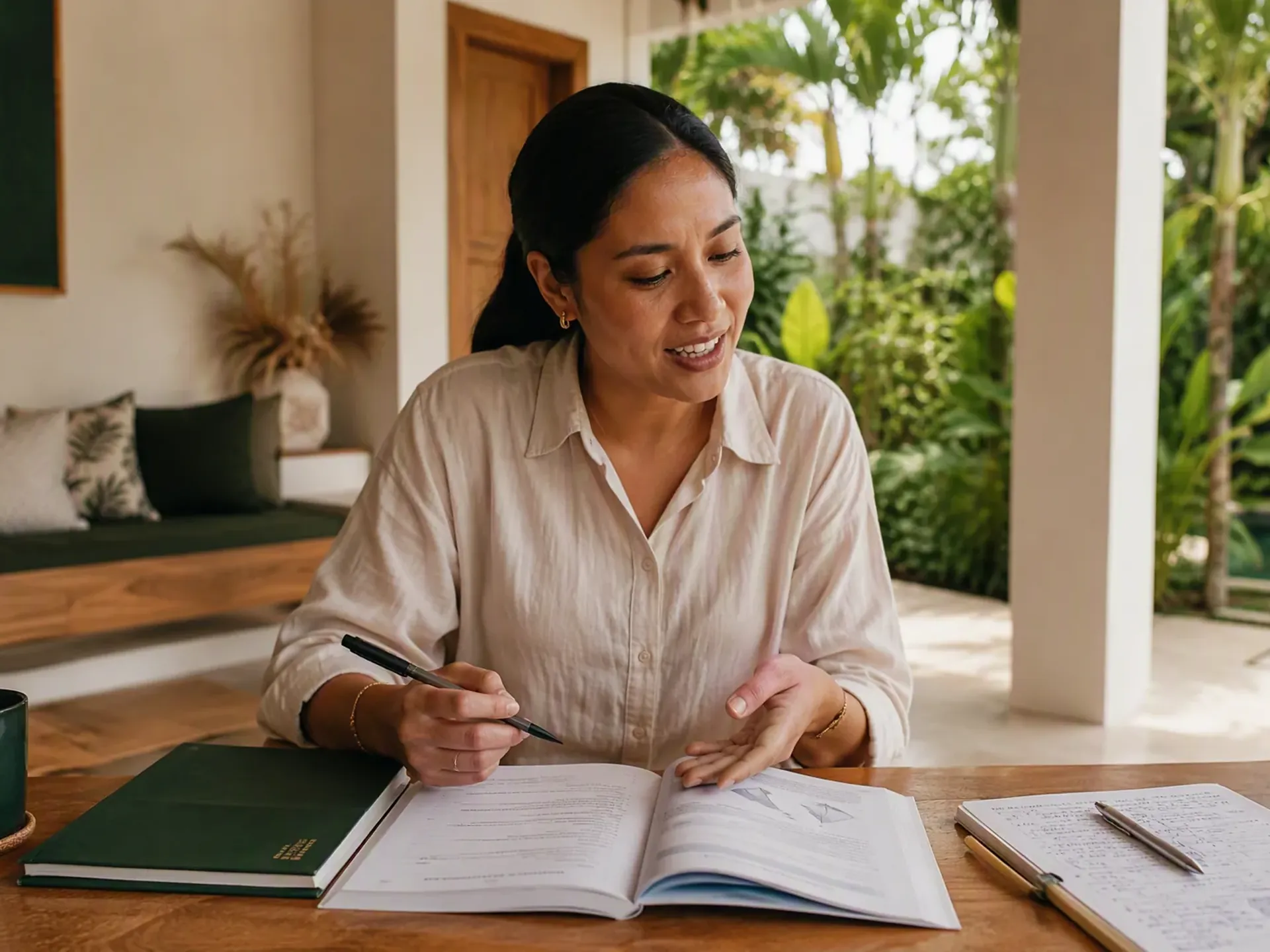 An Indonesian educator preparing a one-to-one lesson at an oak table in a bright Bali villa, with student books and learning materials on the table.