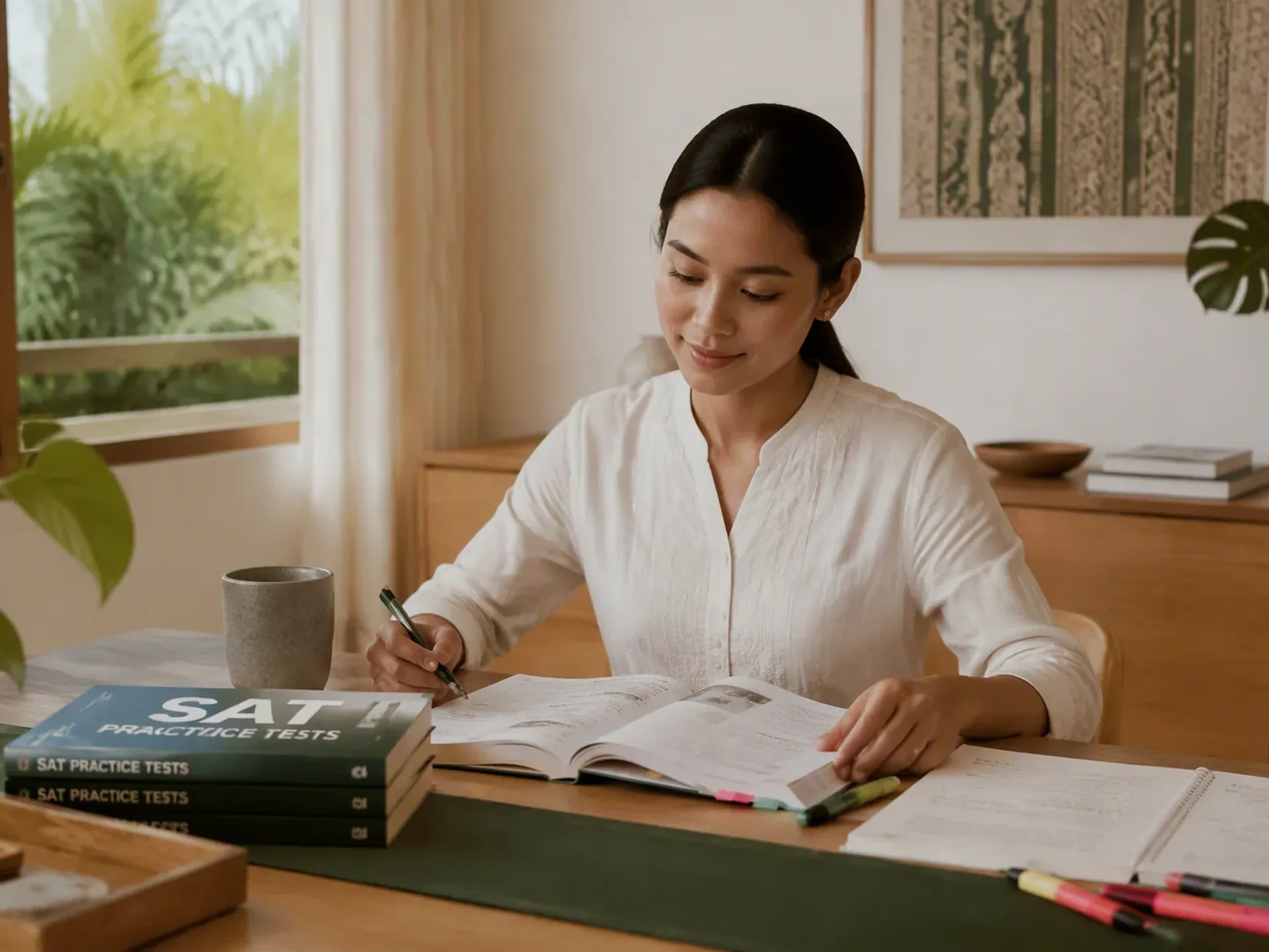 An Indonesian educator preparing a one-to-one lesson at an oak table in a bright Bali villa, with student books and learning materials on the table.