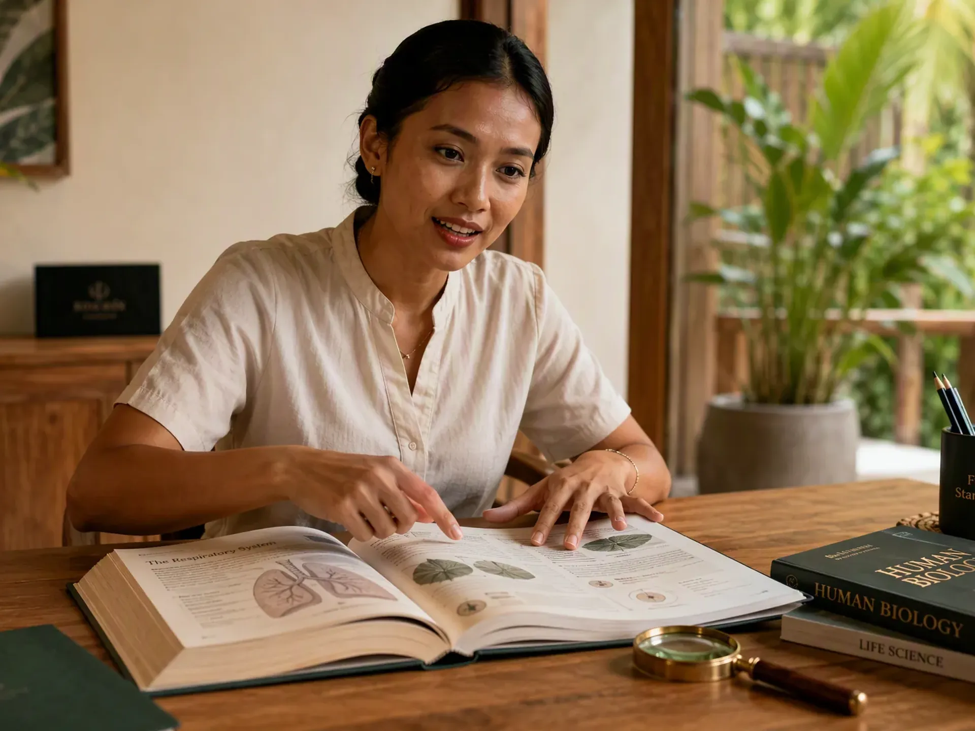 An Indonesian educator preparing a one-to-one lesson at an oak table in a bright Bali villa, with student books and learning materials on the table.