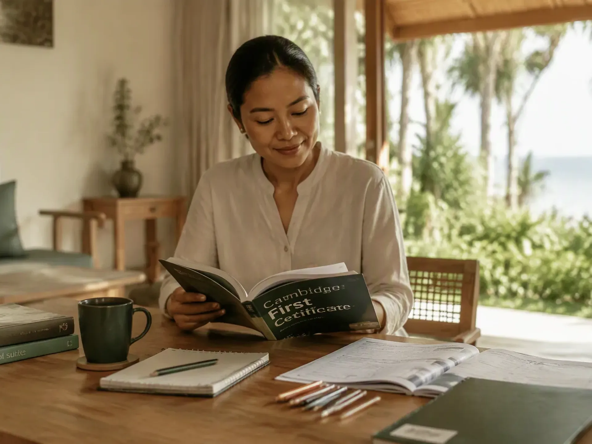 An Indonesian educator preparing a one-to-one lesson at an oak table in a bright Bali villa, with student books and learning materials on the table.