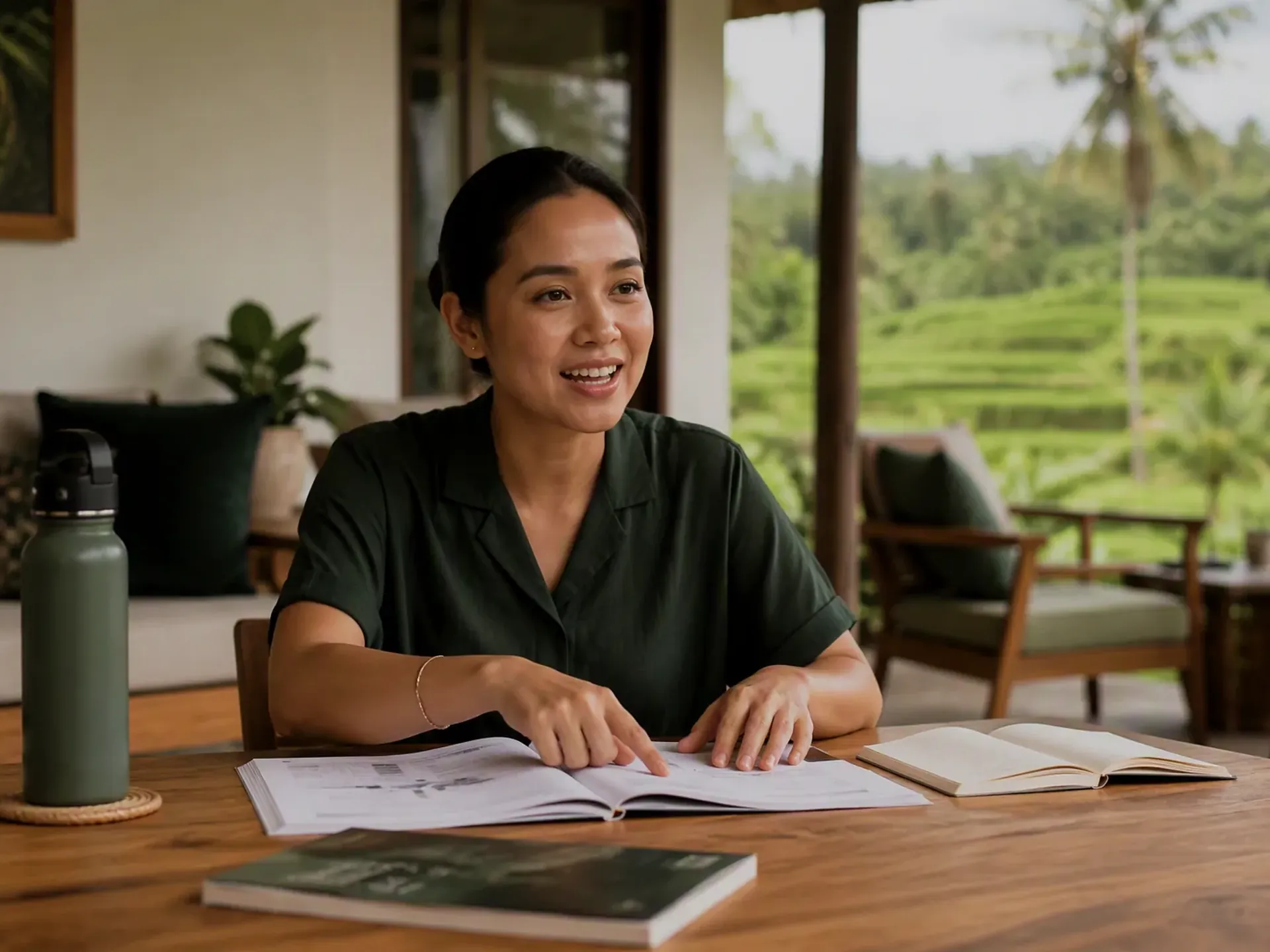 An Indonesian educator preparing a one-to-one lesson at an oak table in a bright Bali villa, with student books and learning materials on the table.