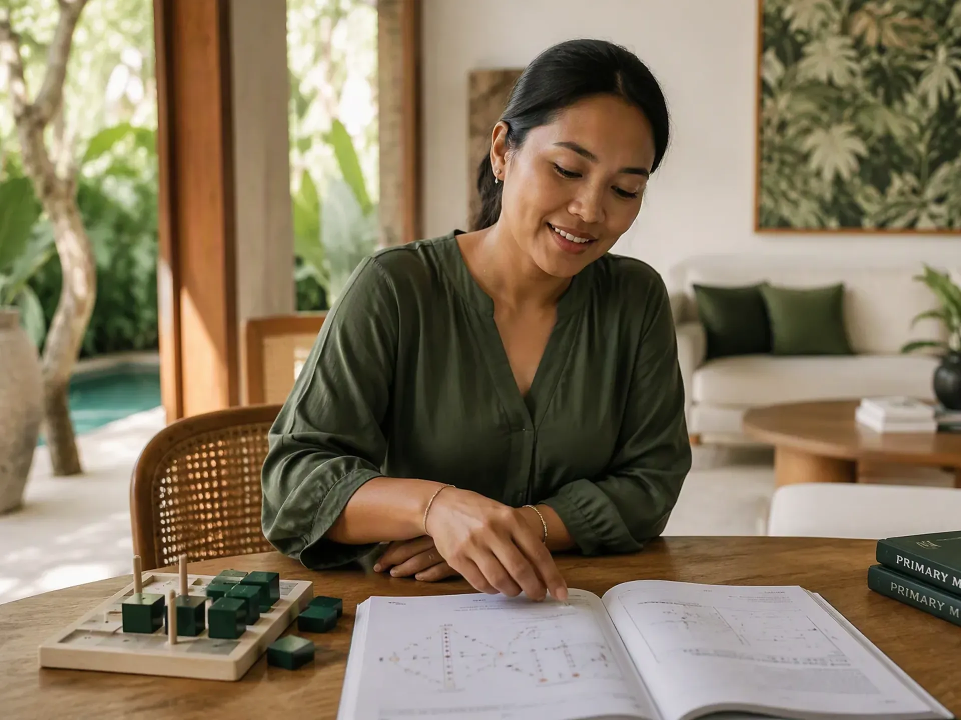An Indonesian educator preparing a one-to-one lesson at an oak table in a bright Bali villa, with student books and learning materials on the table.