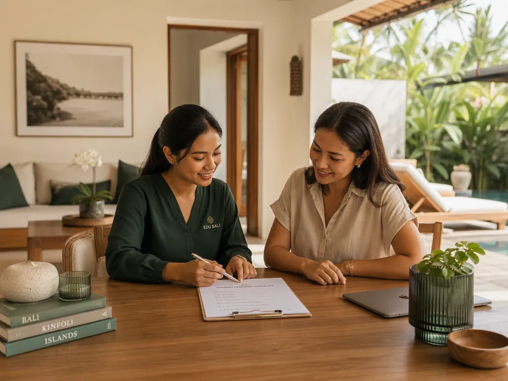 An educator and a parent in a relaxed first conversation at a villa table