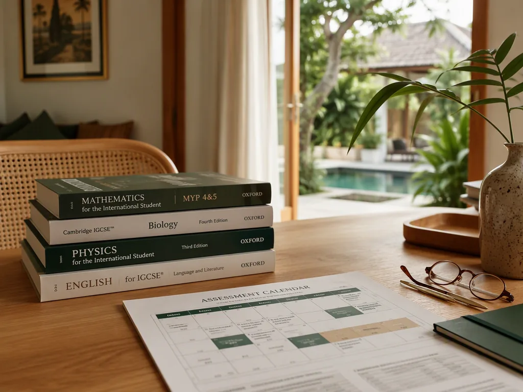 Curriculum guides and a marked practice paper spread on a table