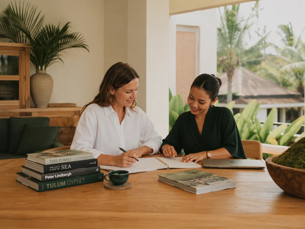 An Indonesian educator preparing teaching materials at an oak table in a bright Bali villa.