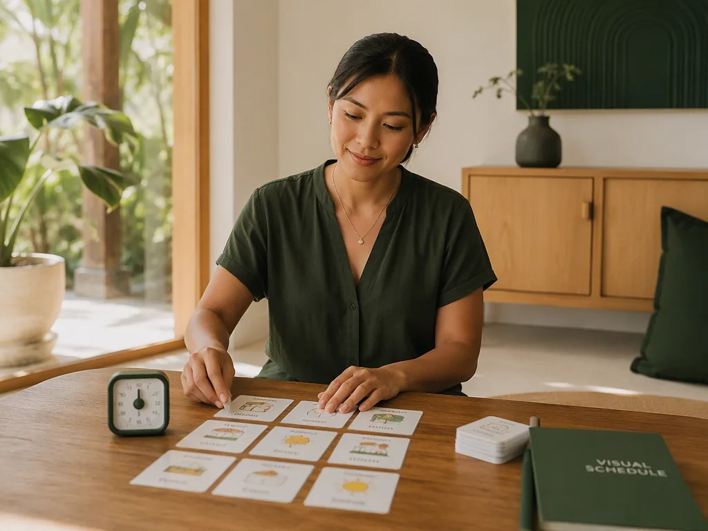 An Indonesian educator preparing teaching materials at an oak table in a bright Bali villa.
