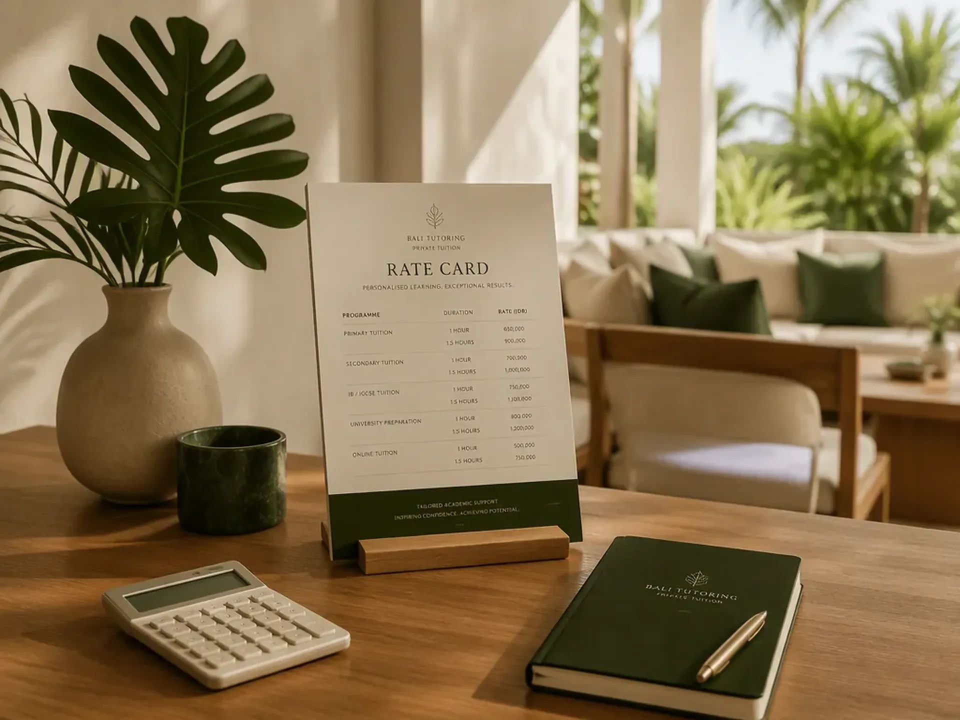 Teaching materials and notes arranged for a private tutoring planning session in Bali.