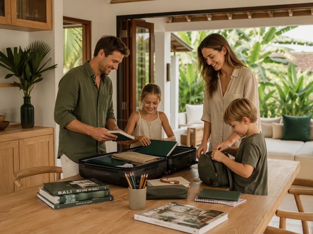 An Indonesian educator preparing teaching materials at an oak table in a bright Bali villa.