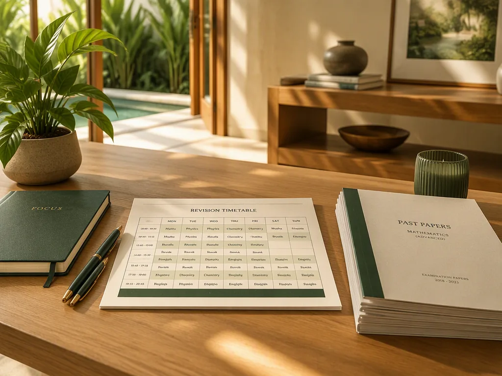 An Indonesian educator preparing teaching materials at an oak table in a bright Bali villa.