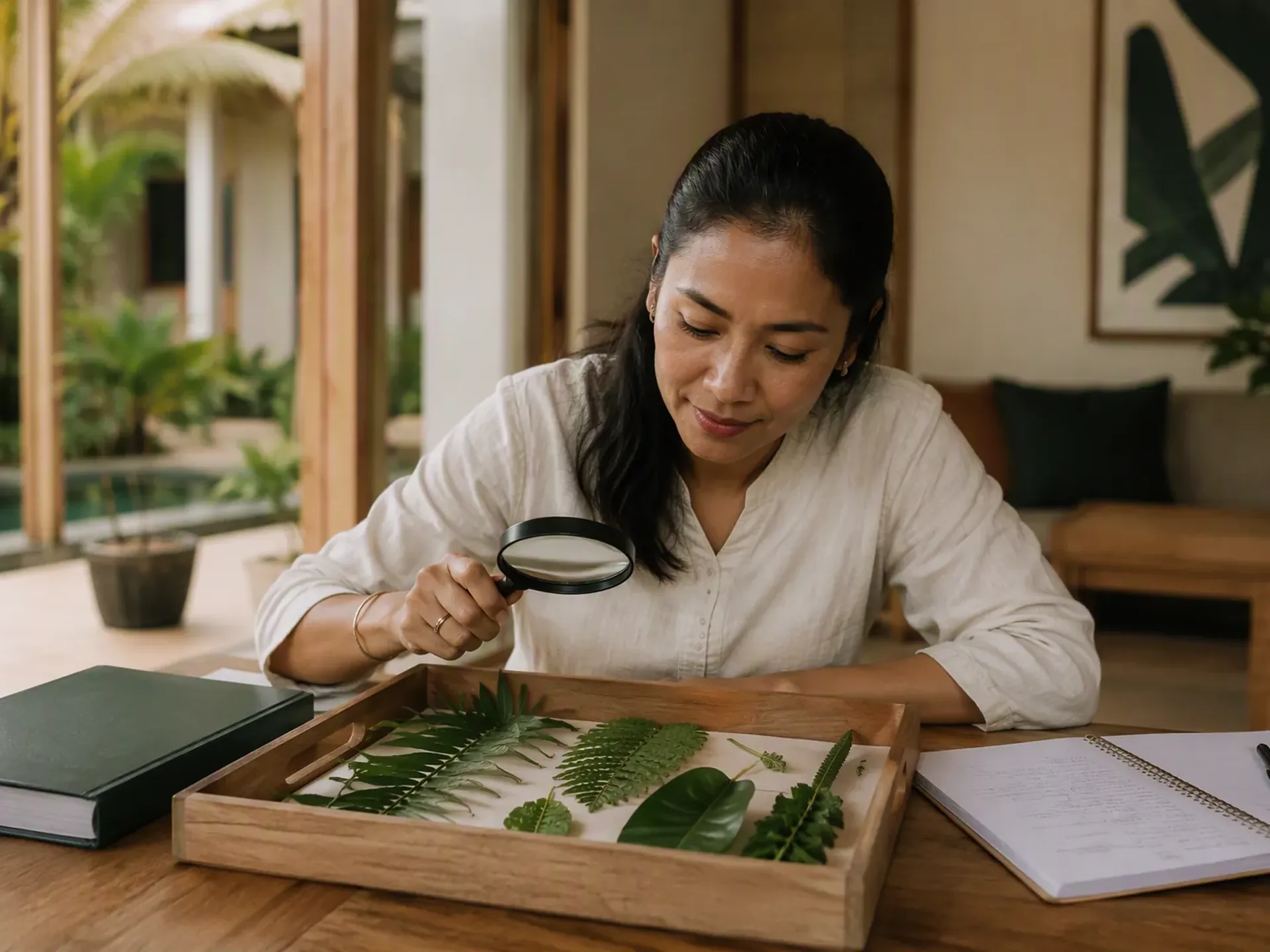 An Indonesian educator preparing a one-to-one lesson at an oak table in a bright Bali villa, with student books and learning materials on the table.