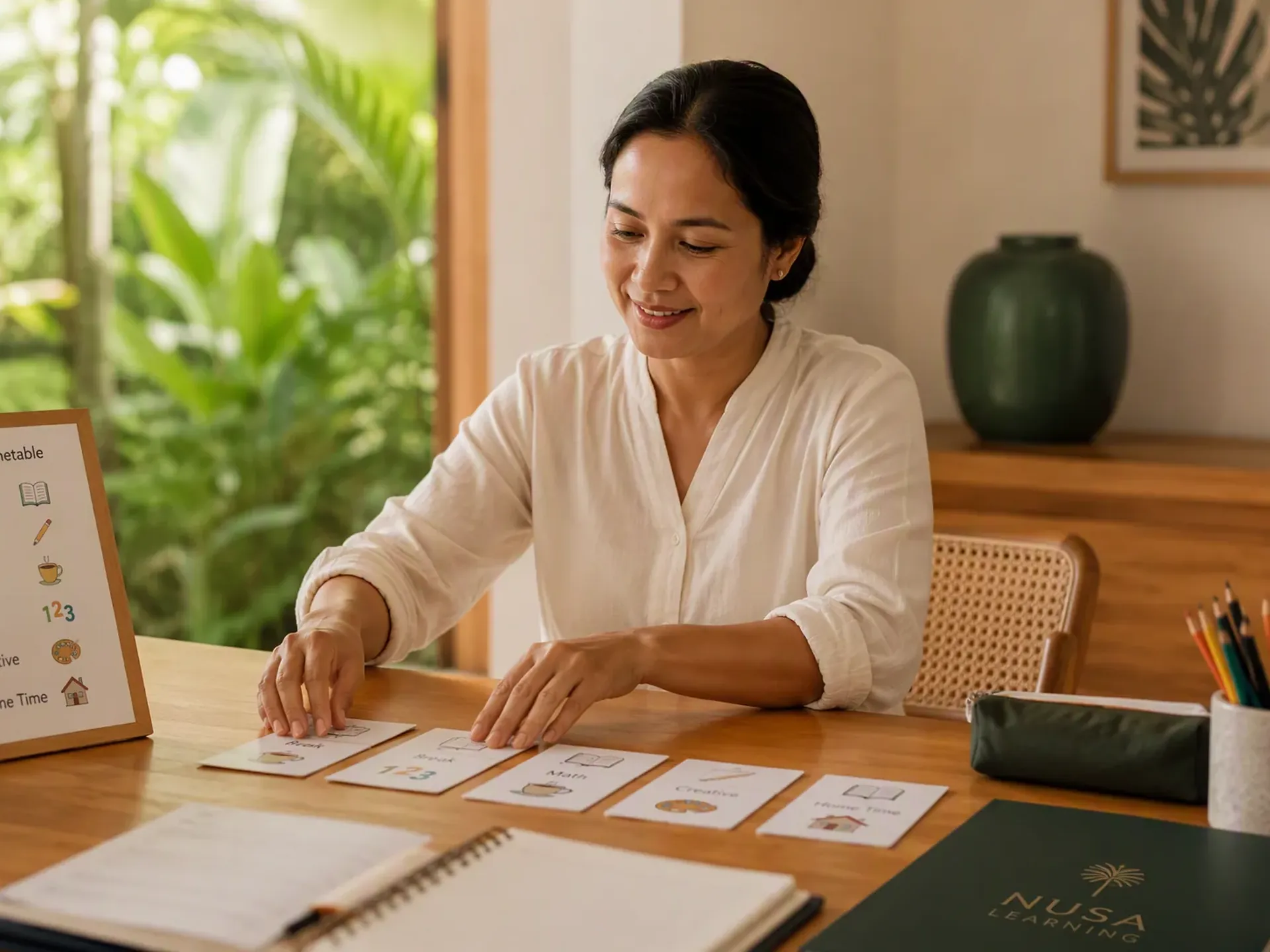 An Indonesian educator preparing a one-to-one lesson at an oak table in a bright Bali villa, with student books and learning materials on the table.