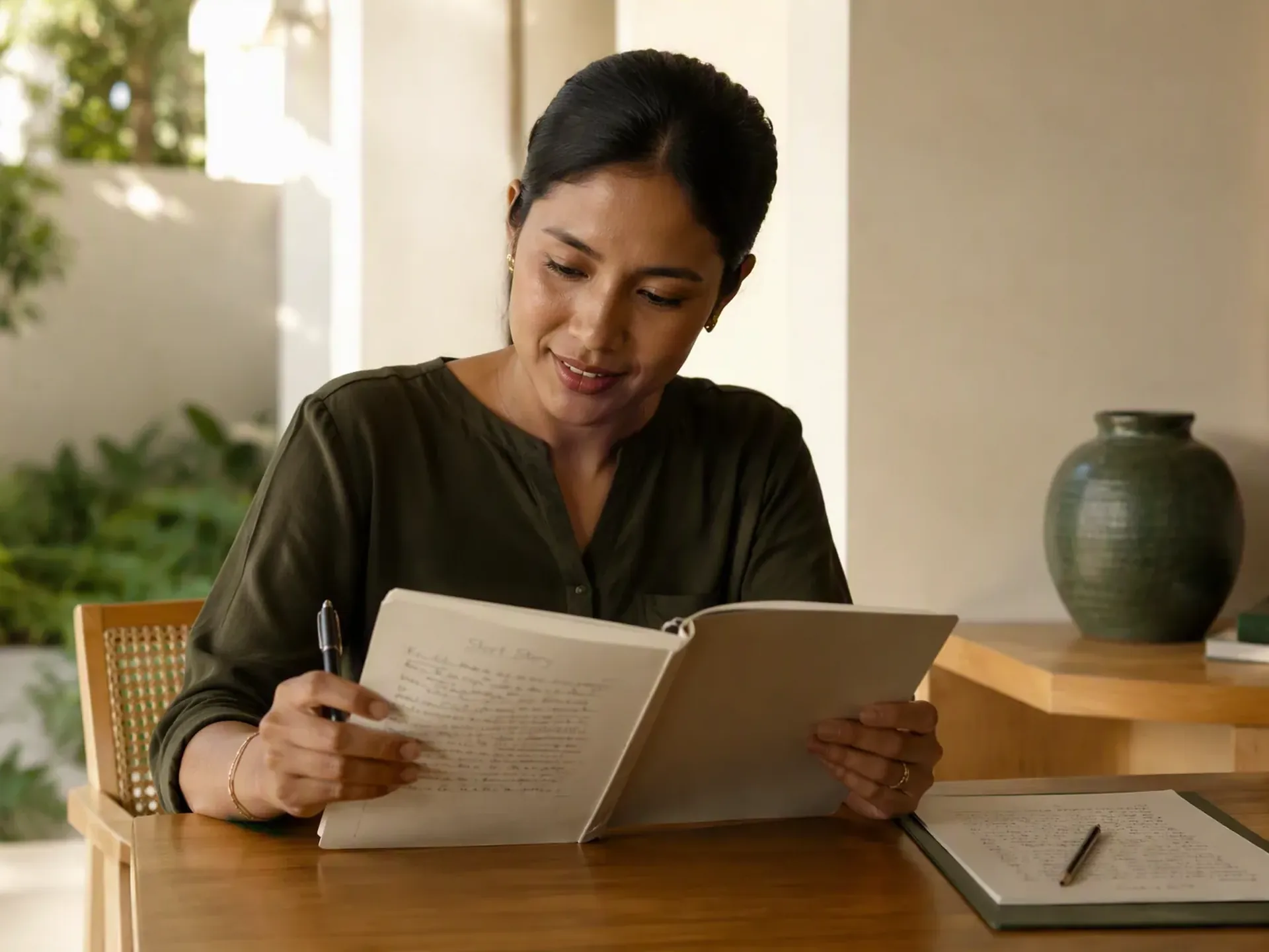 An Indonesian educator preparing a one-to-one lesson at an oak table in a bright Bali villa, with student books and learning materials on the table.