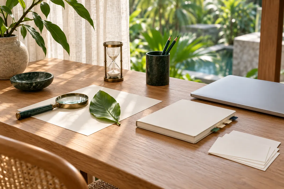 AI-generated editorial illustration of revision cards, a notebook and a closed laptop on a study desk.