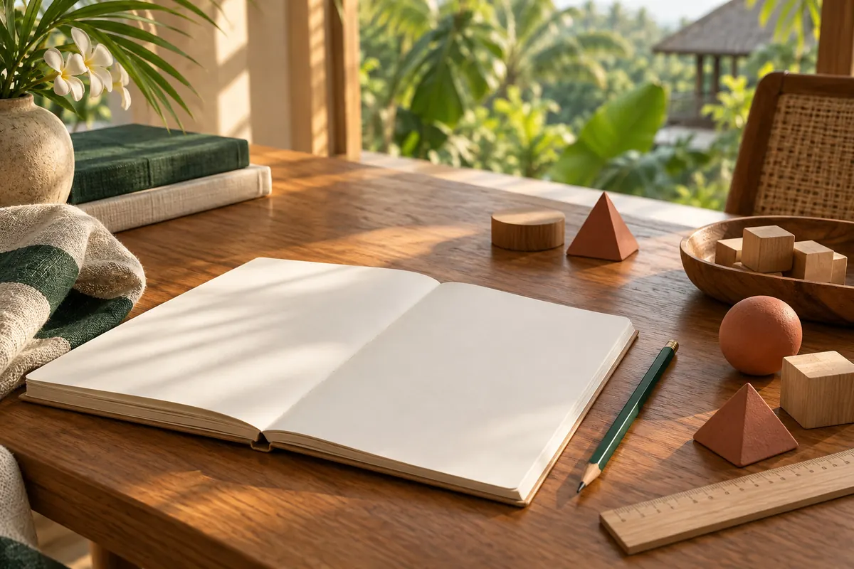 AI-generated illustration of wooden shapes and a notebook, representing hands-on mathematical exploration.