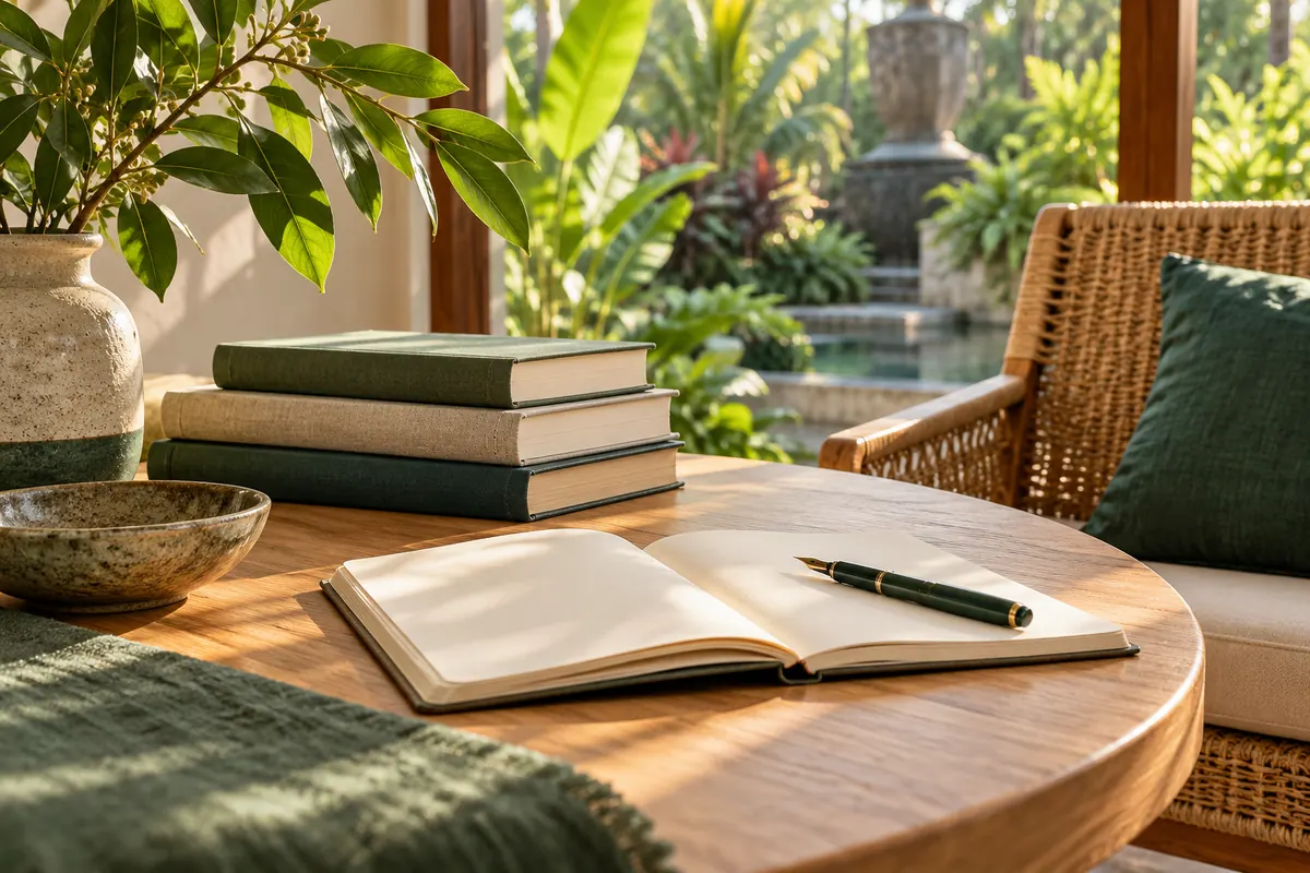 AI-generated illustration of an open journal, a pen and books, used to introduce writing practice.