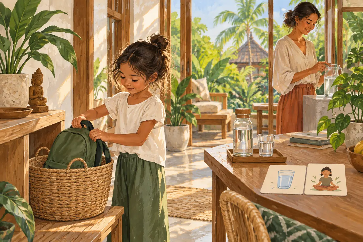 AI-generated child putting away a school bag while a parent prepares water in a fictional Bali home.