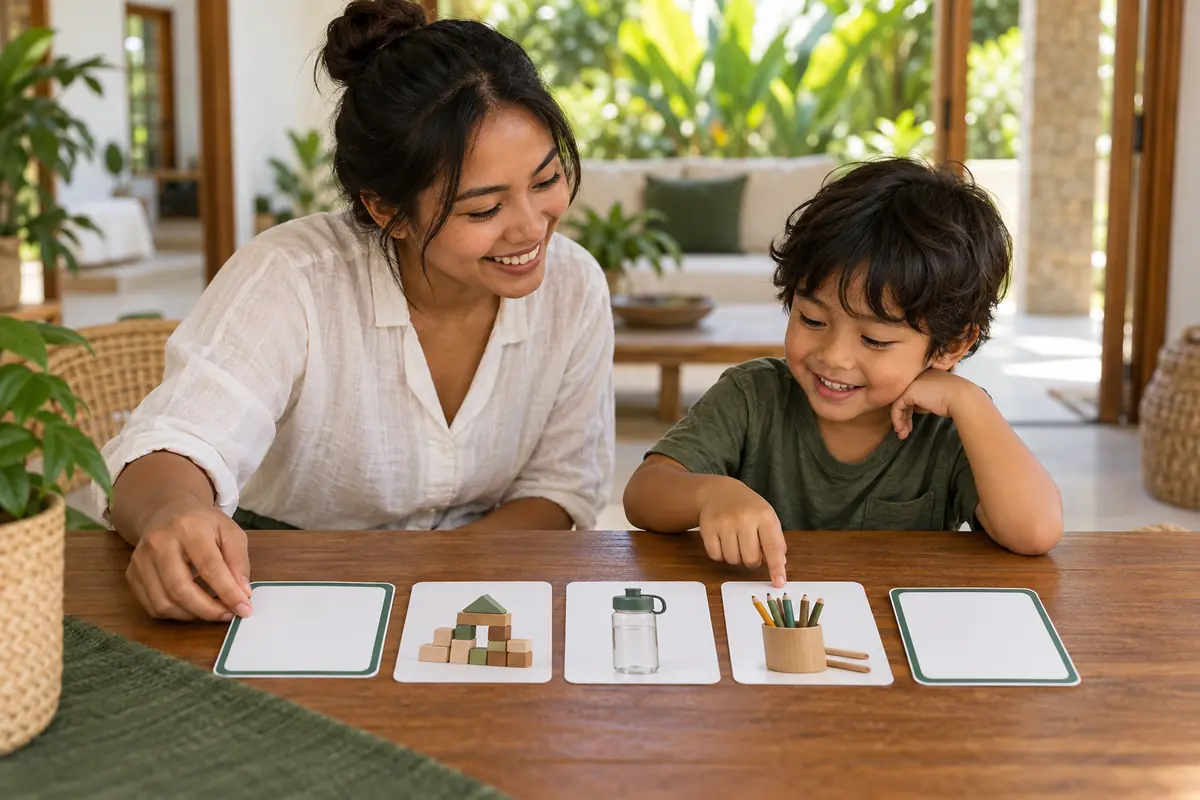 AI-generated photo of a fictional Indonesian teacher and child arranging a first-session sequence with neutral activity and break cards.