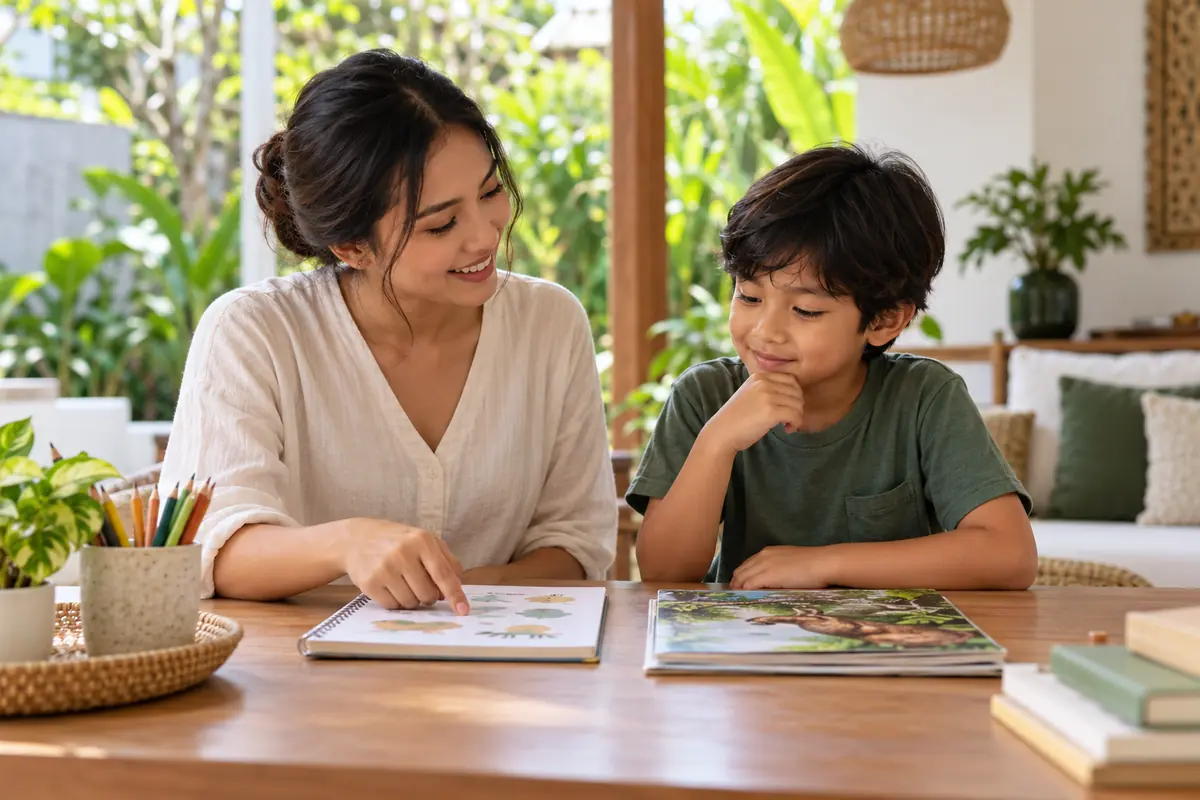 AI-generated photo of a fictional Indonesian teacher previewing learning choices with an Indonesian child.