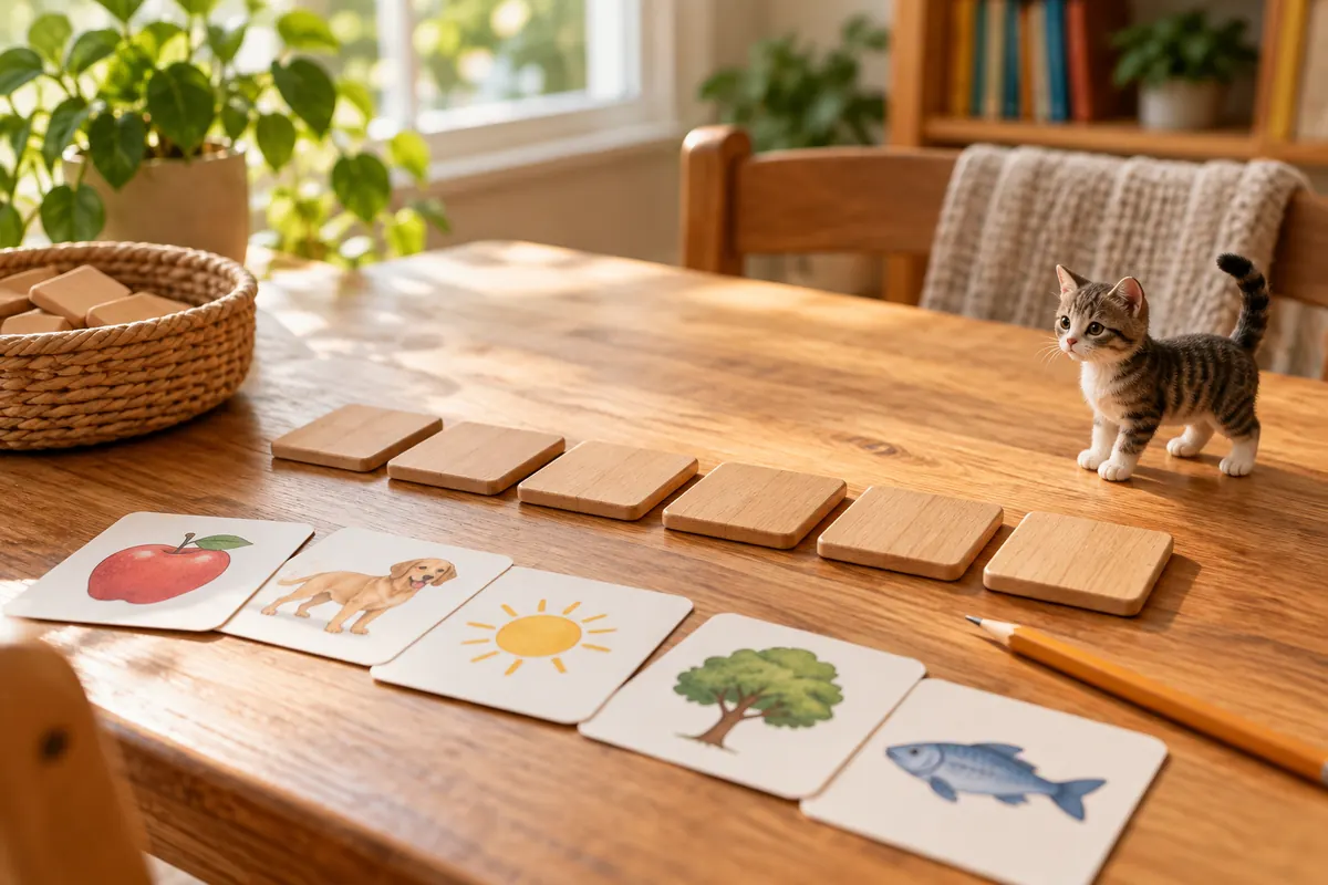 AI-generated illustration of picture cards and wooden reading materials.