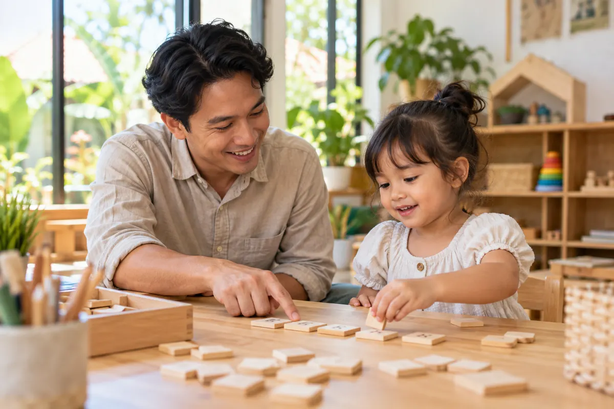 AI-generated illustration of an adult and young child using reading tiles. People and setting are fictional.