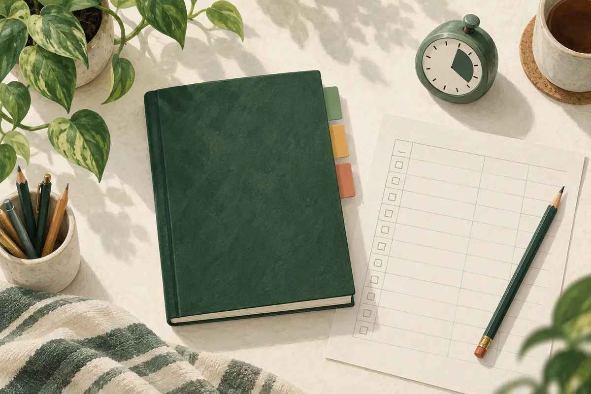 AI-generated still life of blank checklist sheets, reference tabs and a pencil.