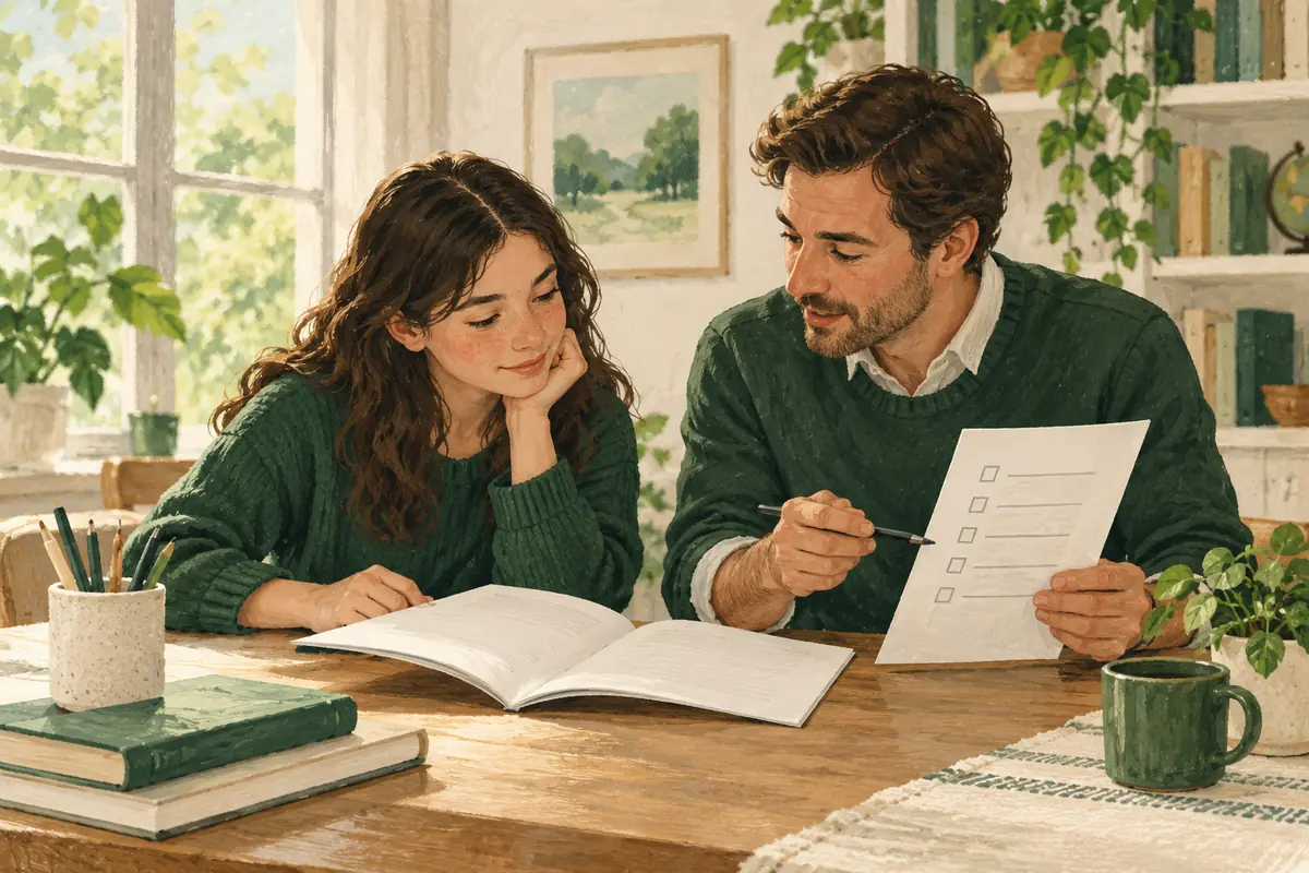 AI-generated illustration of a fictional educator and teenager organising study documents.