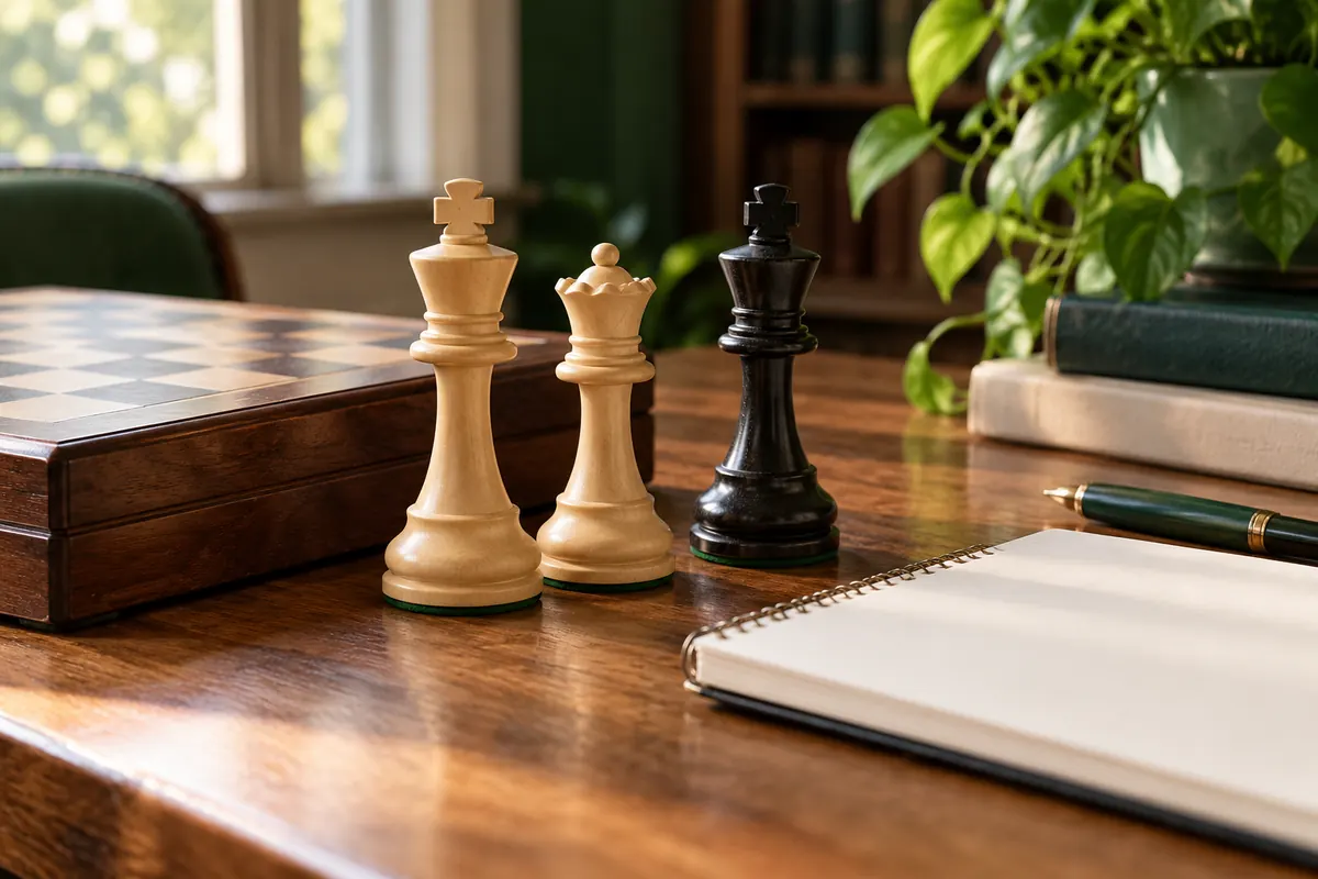 AI-generated still life of two kings and a queen beside a closed chessboard.