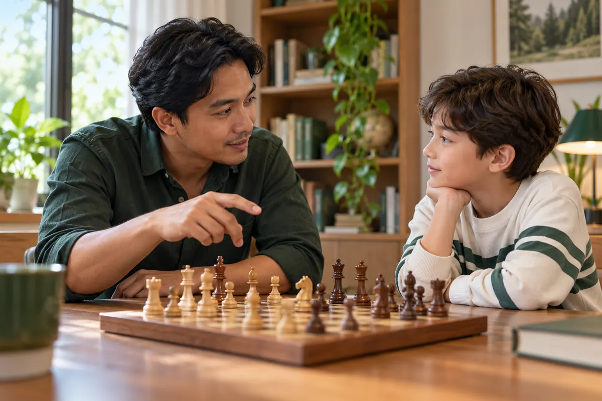 AI-generated illustration of a fictional chess educator and child discussing a board.