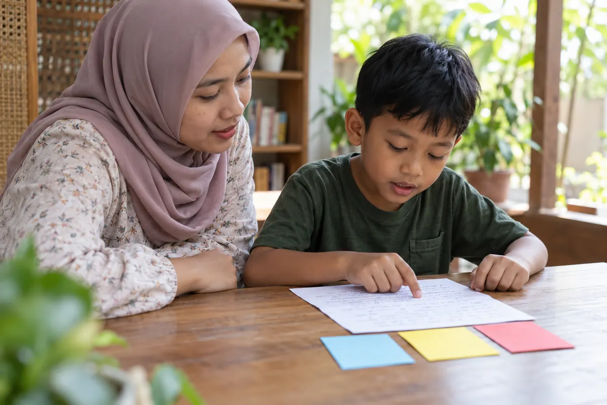 AI-generated photo of a fictional Indonesian teacher and child arranging coloured cards while editing.