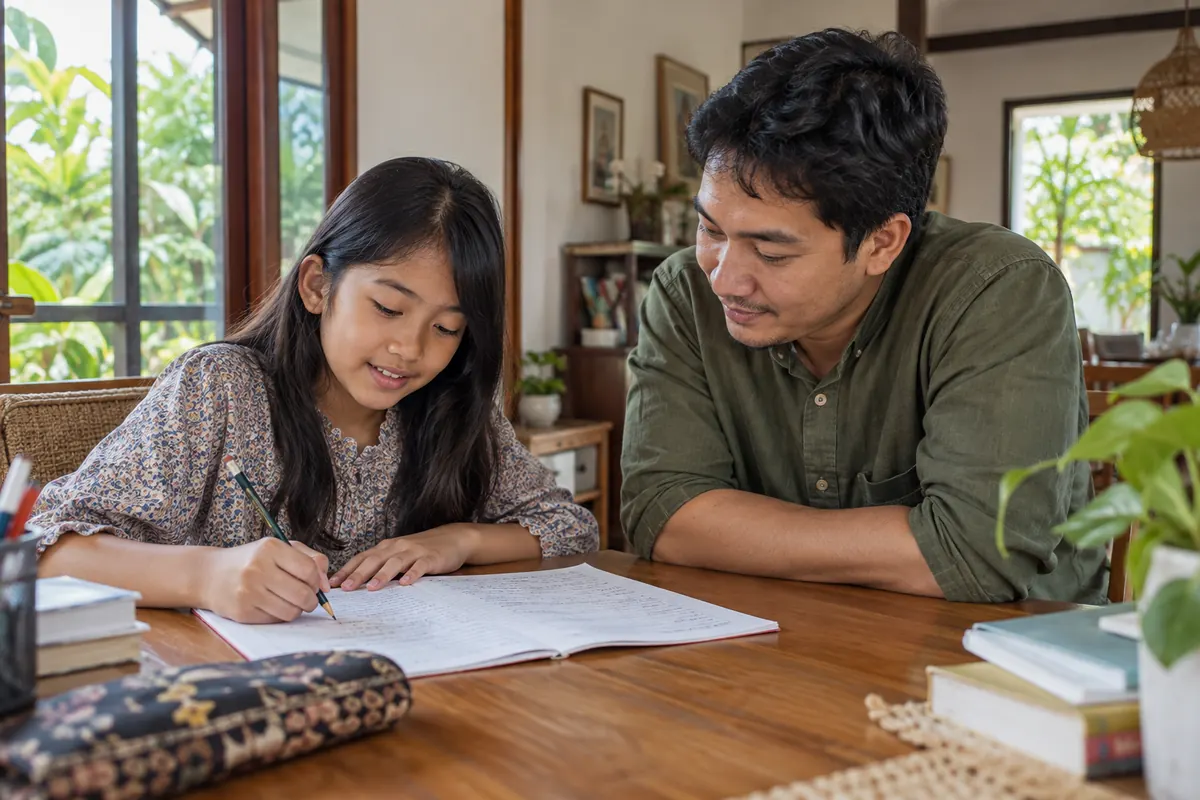 AI-generated photo of a fictional Indonesian English teacher supporting a child with paragraph editing.