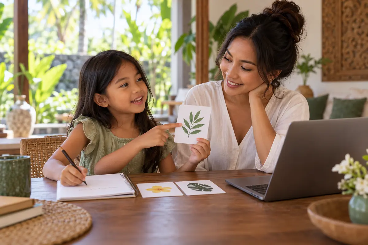 AI-generated photo of a fictional Indonesian teacher and child comparing a short written answer, picture choice and typed response.