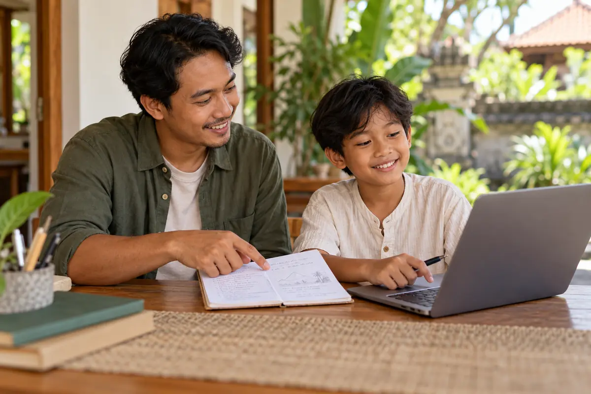 AI-generated photo of a fictional Indonesian teacher and child comparing handwritten and laptop responses.