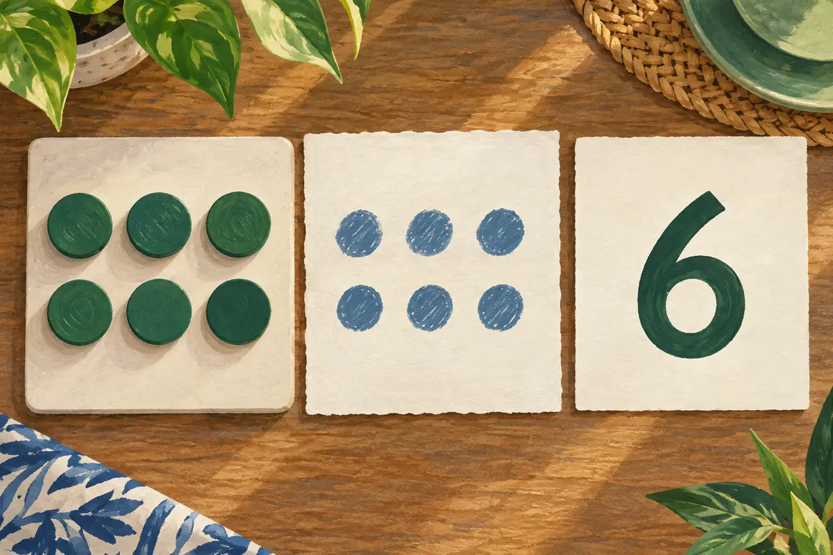 AI-generated six counters, six drawn dots and a numeral six.