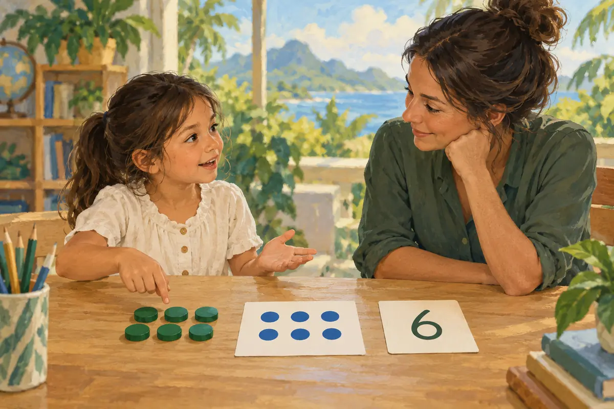 AI-generated child linking six counters, six dots and the numeral six.