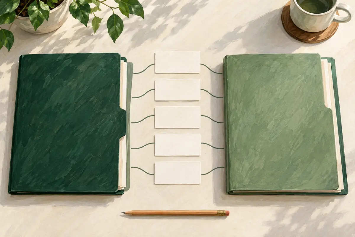 AI-generated still life of two folders, blank comparison cards and coloured tabs.