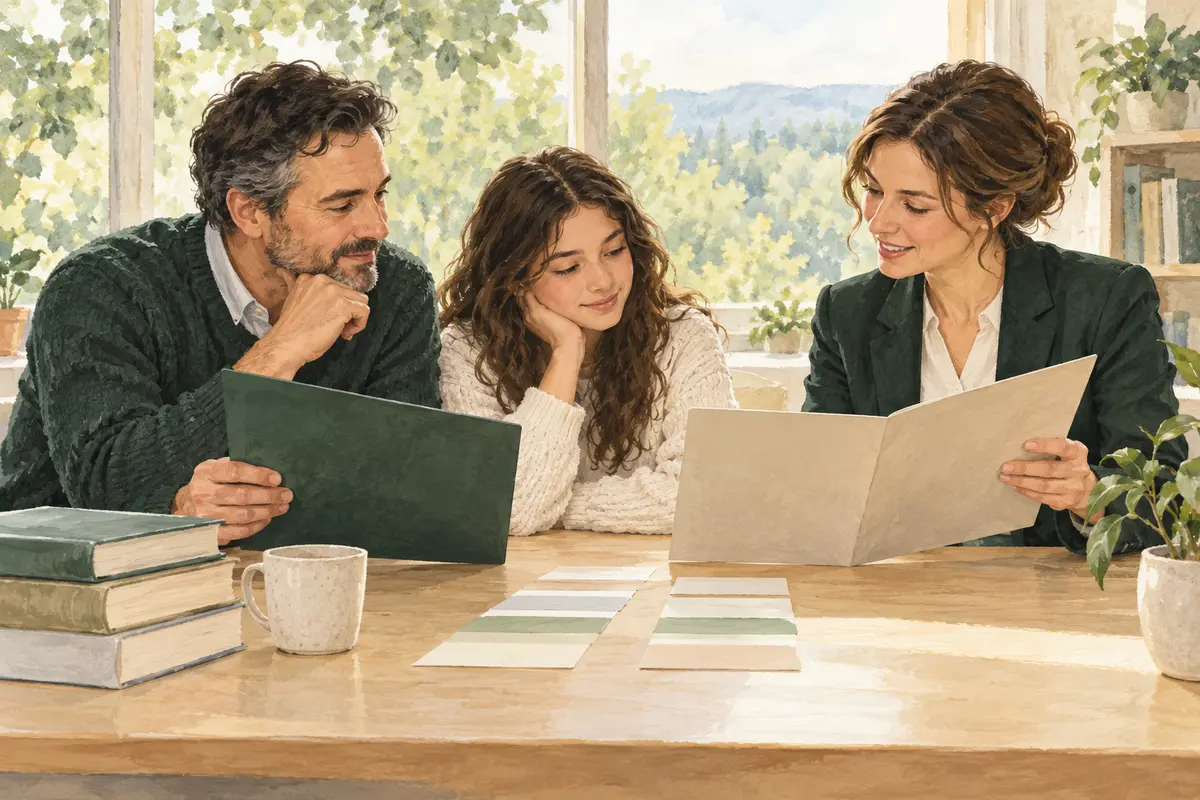 AI-generated illustration of fictional adults comparing school documents at a table.