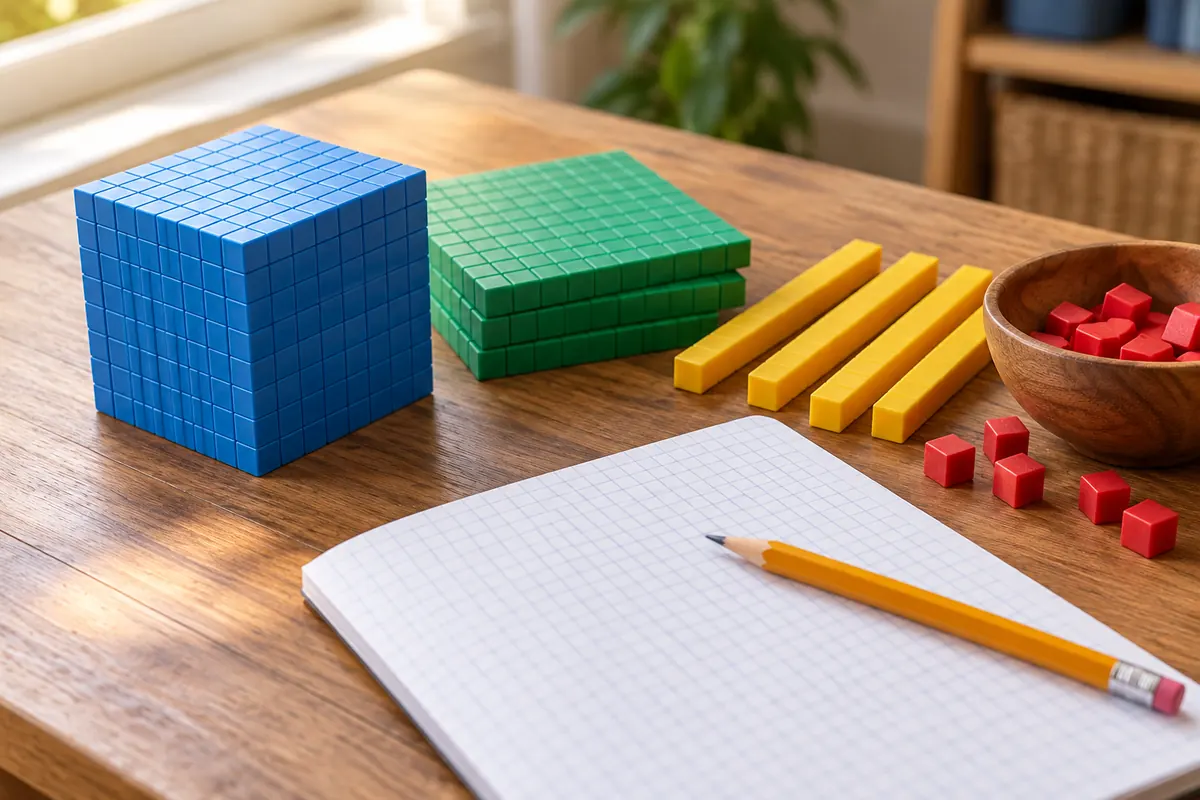 AI-generated illustration of learning blocks beside a squared notebook.