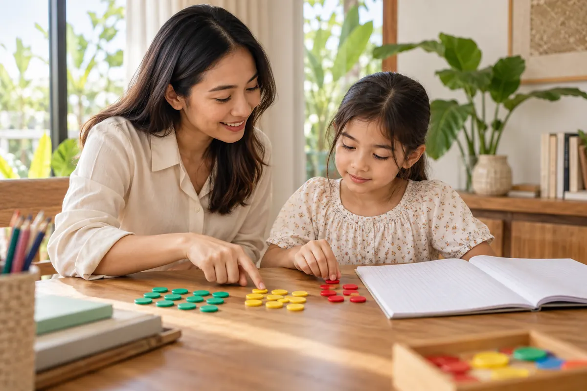 AI-generated illustration of an adult and child exploring counting materials. People and setting are fictional.
