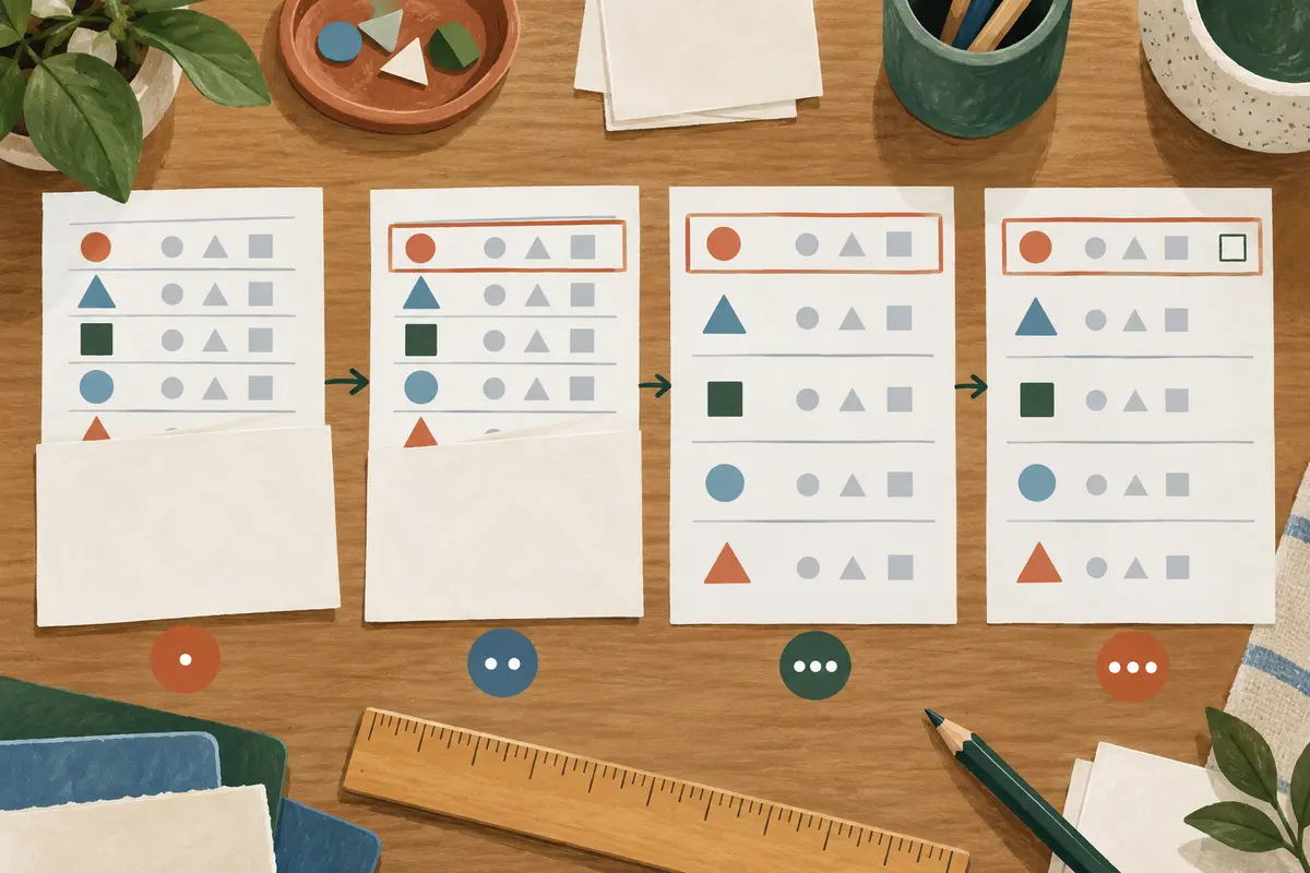 AI-generated sequence showing a removable cover, framed line, increased spacing and clear answer box.